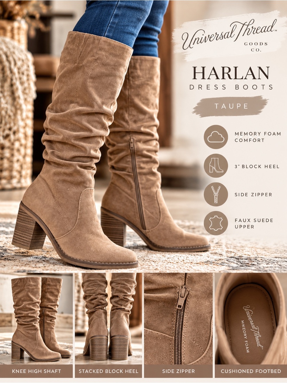 Universal Thread Harlan Taupe Faux Suede Knee High Slouch Boots Size 6
